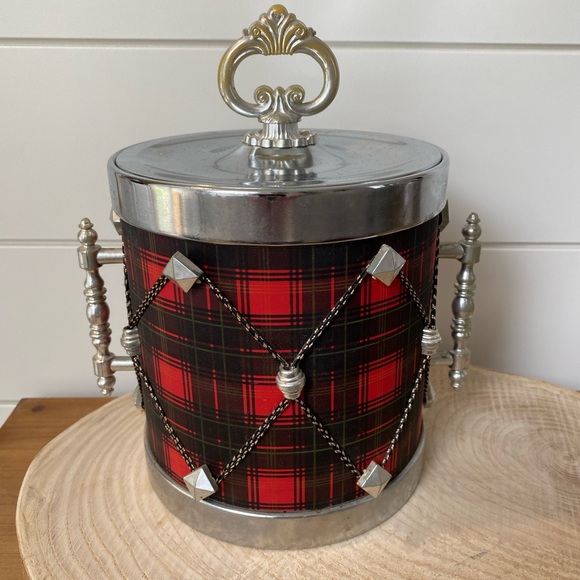 Vintage Red Tartan Plaid Drum Style Silver Studded Ice Bucket Removable Liner - Picture 1 of 16